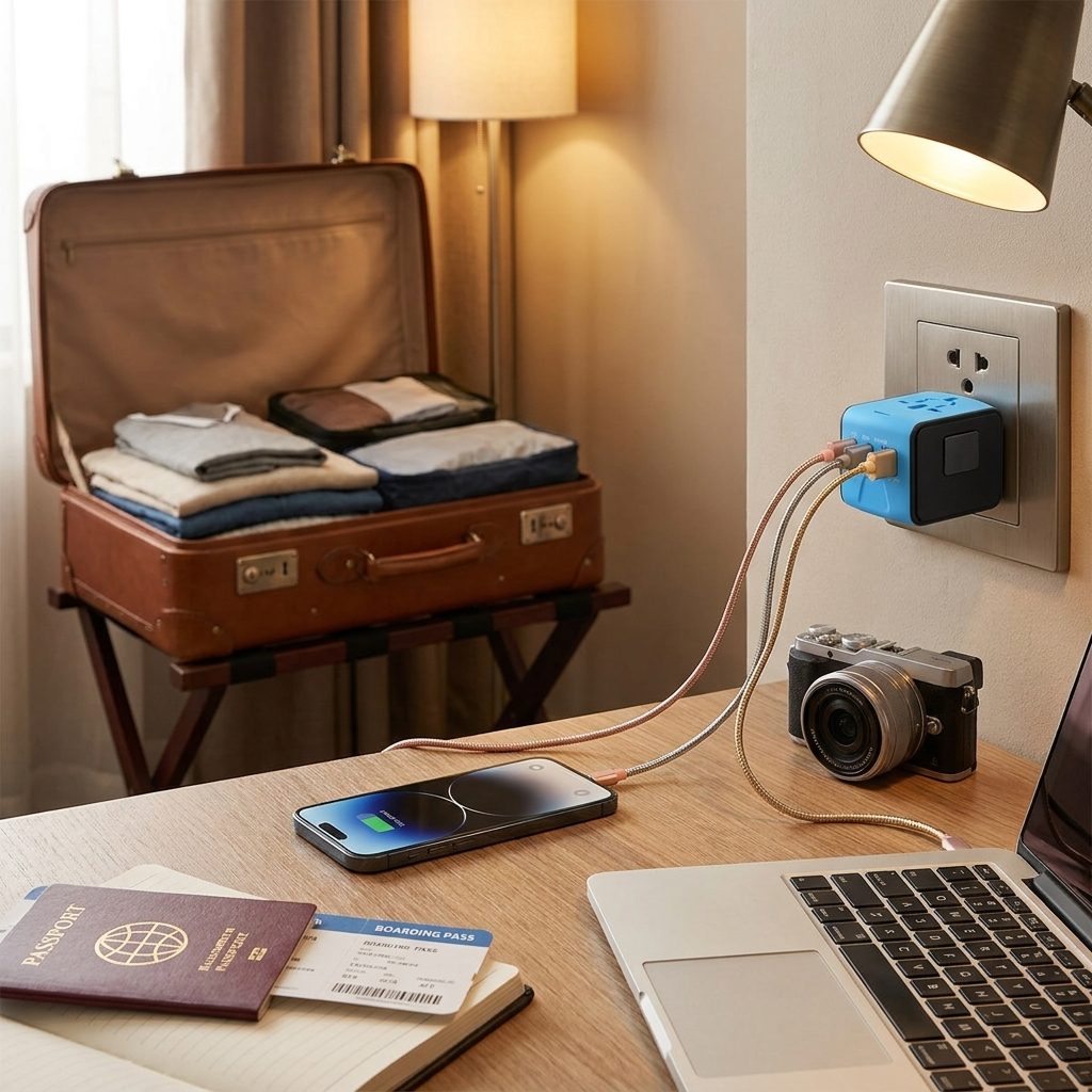Travel adapter in hotel room