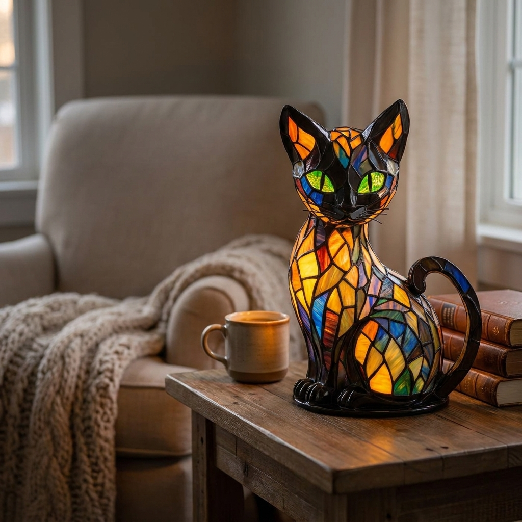 Stained glass cat table lamp lifestyle
