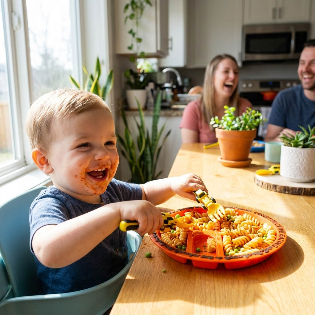 Kids Eating Construction Utensil Set in use lifestyle