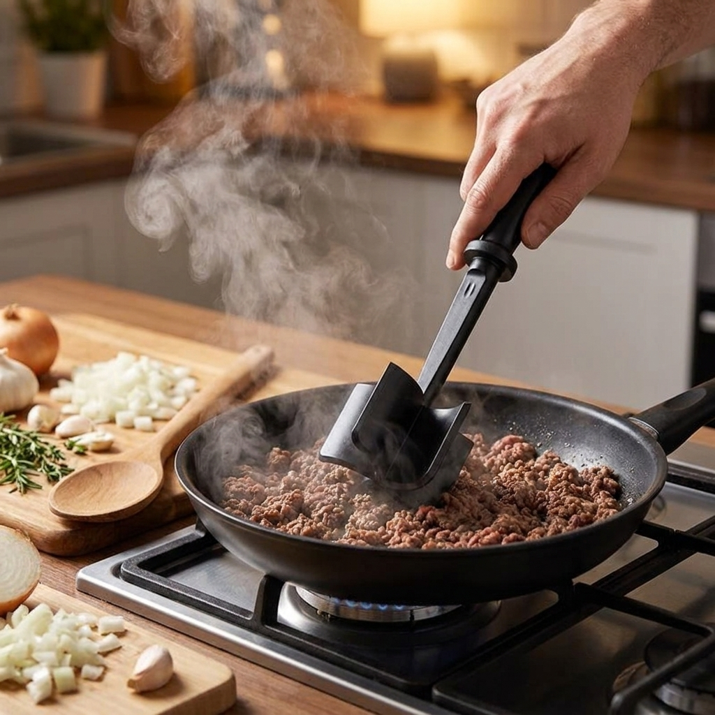 Heat Resistant Meat Chopper in skillet