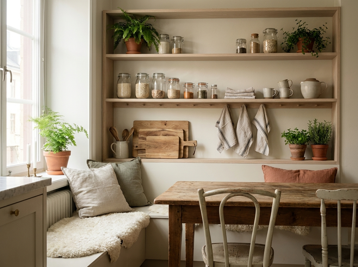 A cozy Scandinavian kitchen corner with open shelving