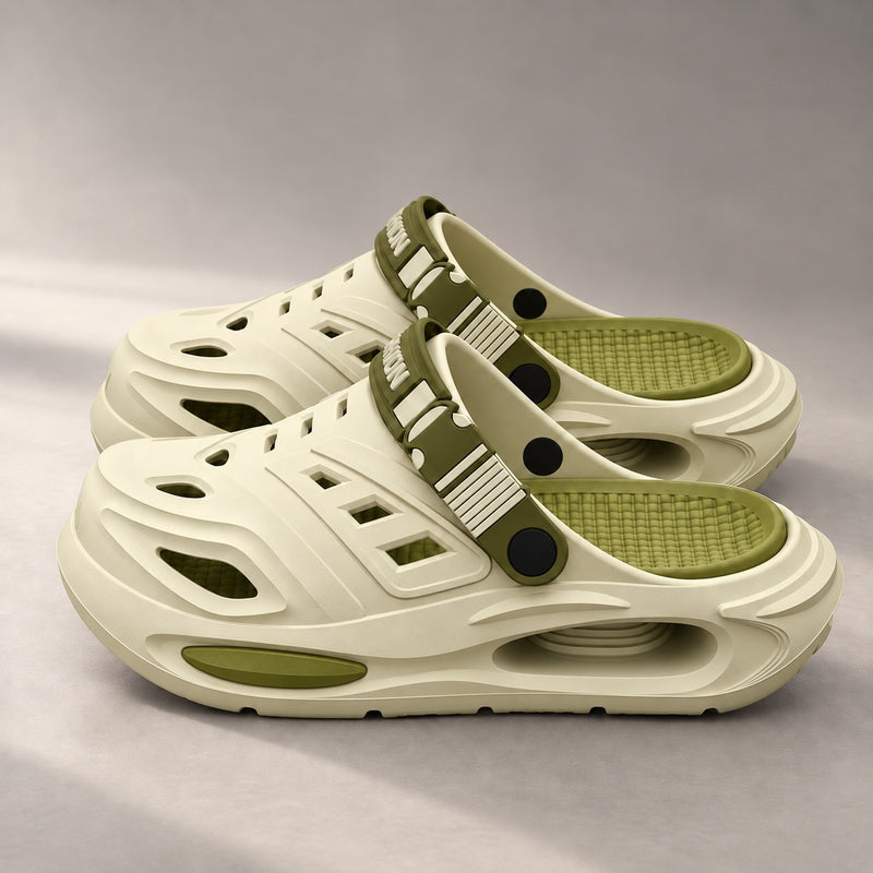 The Recovery Clog in cream with olive details, side view