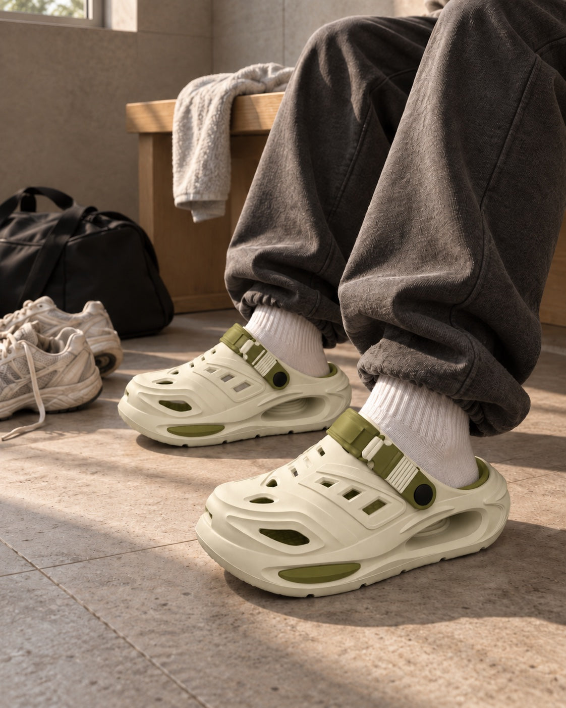 Cream and olive Recovery Clogs worn after the gym, trainers kicked off beside the bench