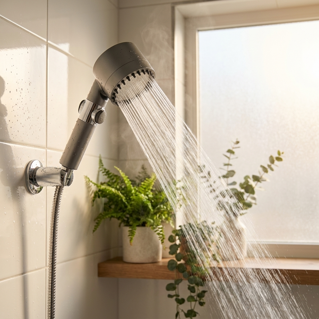 High-pressure showerhead in modern bathroom lifestyle setting
