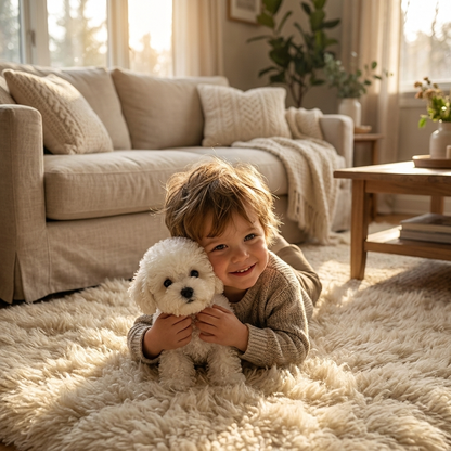 Realistic interactive plush puppy toy being cuddled by child in cozy living room