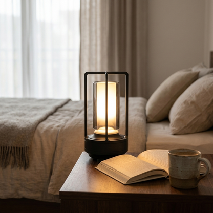 Modern cordless Nordic table lamp glowing on wooden bedside table