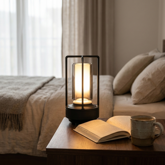 Modern cordless Nordic table lamp glowing on wooden bedside table