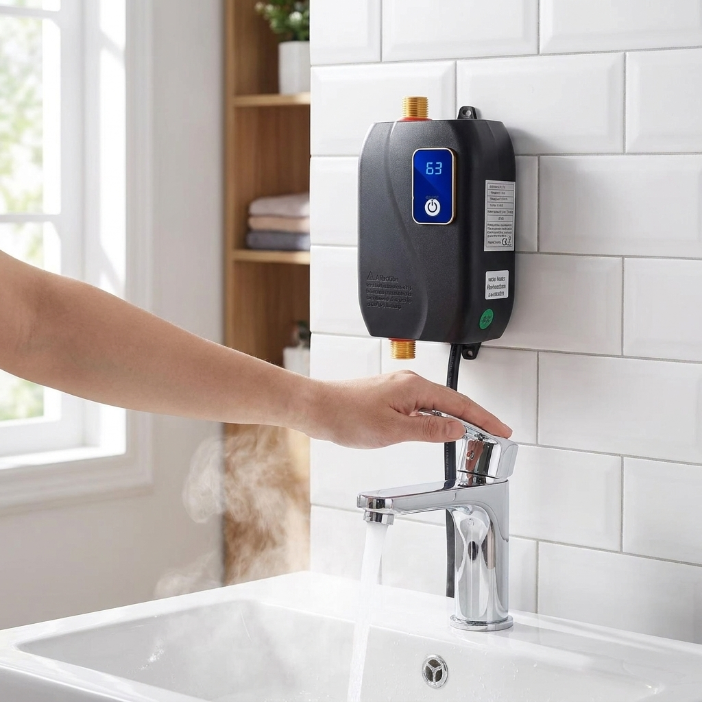 Instant tankless water heater mounted in modern bathroom lifestyle scene
