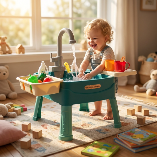 Child playing at standing sink in bright playroom