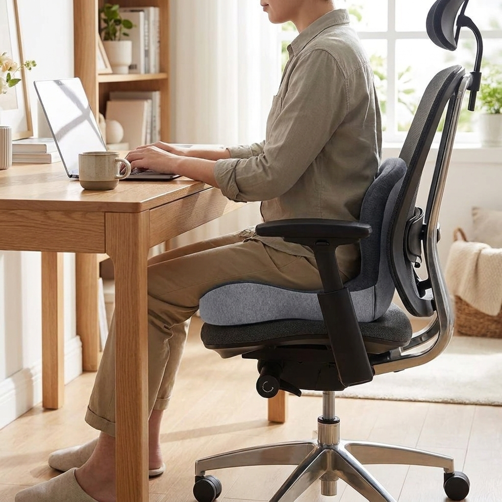 Memory foam lumbar cushion on ergonomic office chair in home office