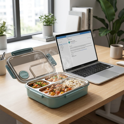 Insulated food container open on office desk with steam rising