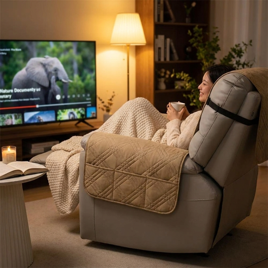 Quilted recliner cover on living room armchair with person relaxing