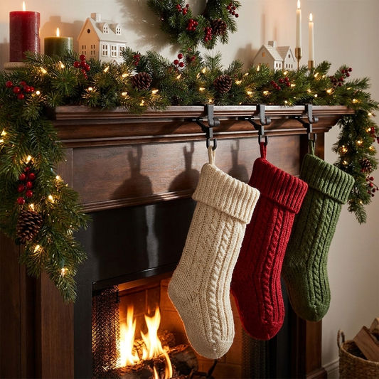 Garland and stocking holders on decorated fireplace mantle for Christmas