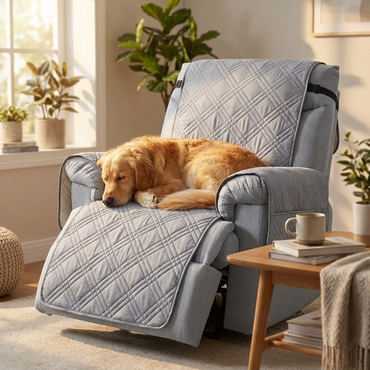Waterproof recliner cover on chair with golden retriever curled up