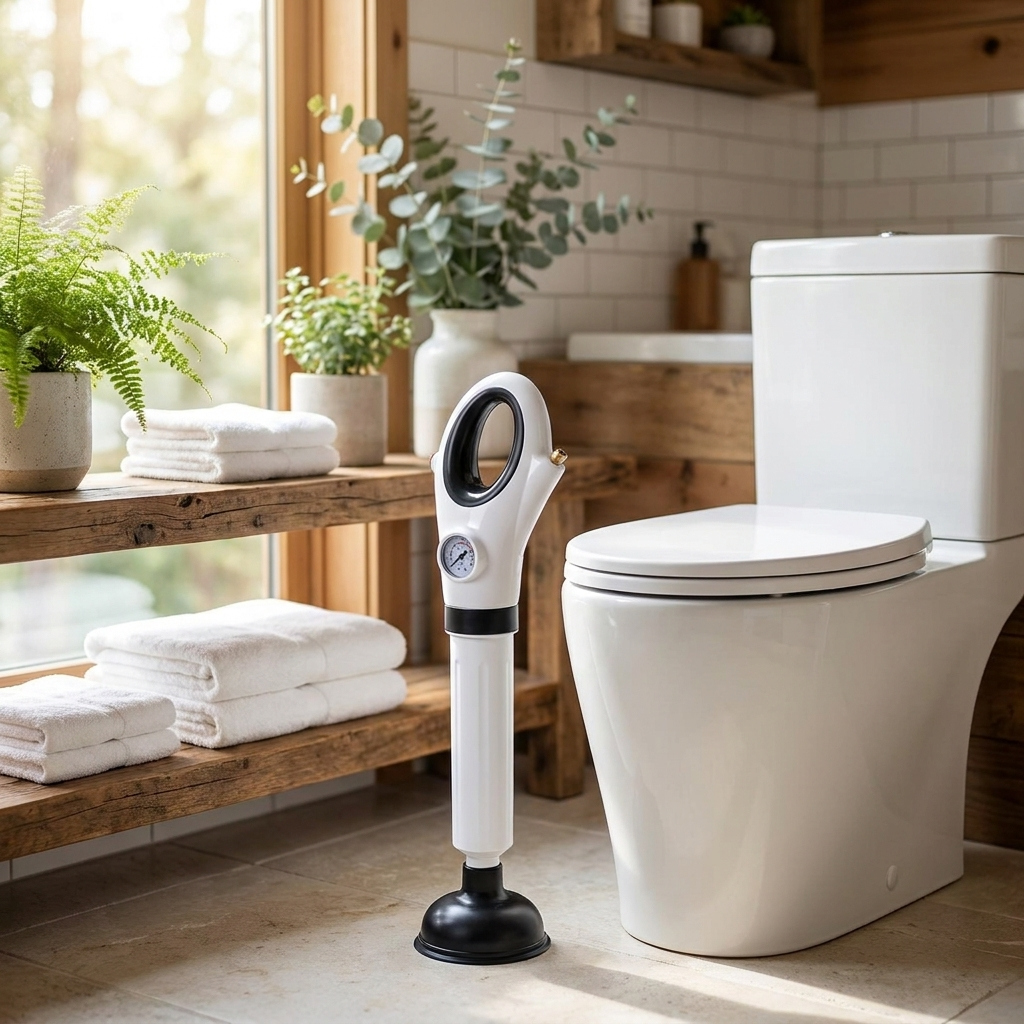 High-pressure toilet plunger next to modern toilet in clean bathroom