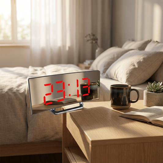 Curved LED digital clock on a bedroom nightstand