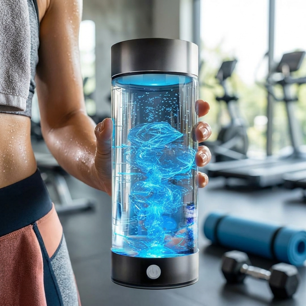 Woman holding hydrogen water bottle at the gym after workout