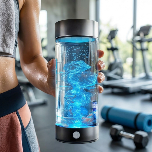 Woman holding hydrogen water bottle at the gym after workout