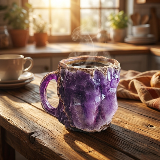 Mineral crystal coffee mug with steaming coffee on rustic table