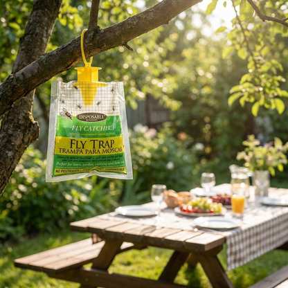 Eco disposable fly trap hanging in sunny backyard garden