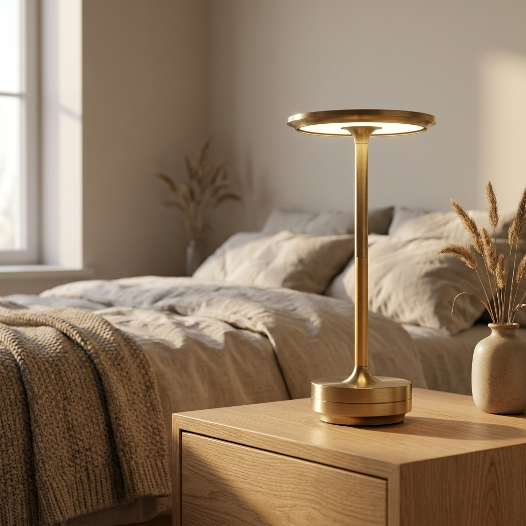 Cordless Nordic lamp glowing on nightstand in Scandinavian bedroom