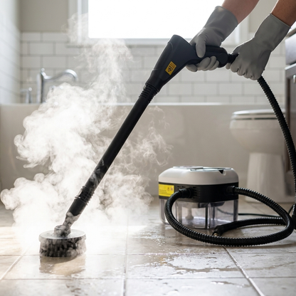 High-pressure steam cleaning tool in use on bathroom tile
