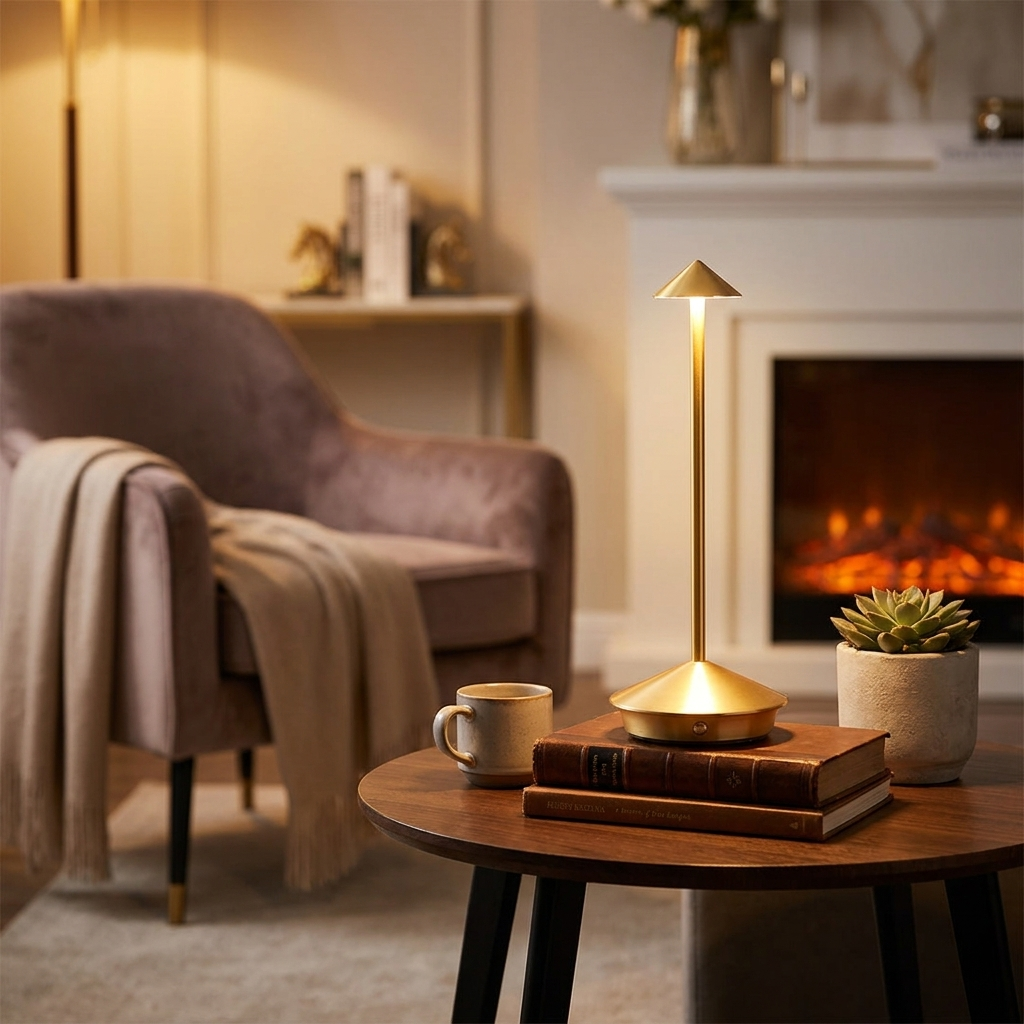 Wireless LED table lamp glowing in a cozy living room