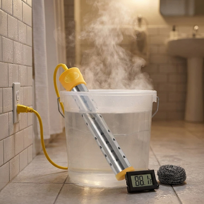 Immersion water heater in use heating water in a bucket