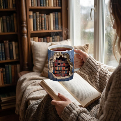 3D library bookshelf mug in use during cozy reading