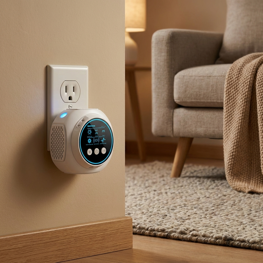 Ultrasonic spider repeller plugged into wall outlet in living room