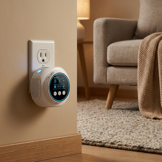 Ultrasonic spider repeller plugged into wall outlet in living room