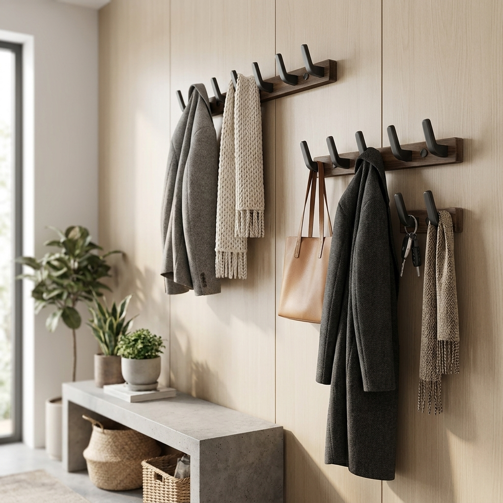 Minimalist wall-mounted coat hooks in modern Scandinavian entryway