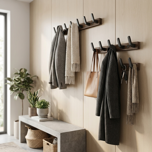 Minimalist wall-mounted coat hooks in modern Scandinavian entryway