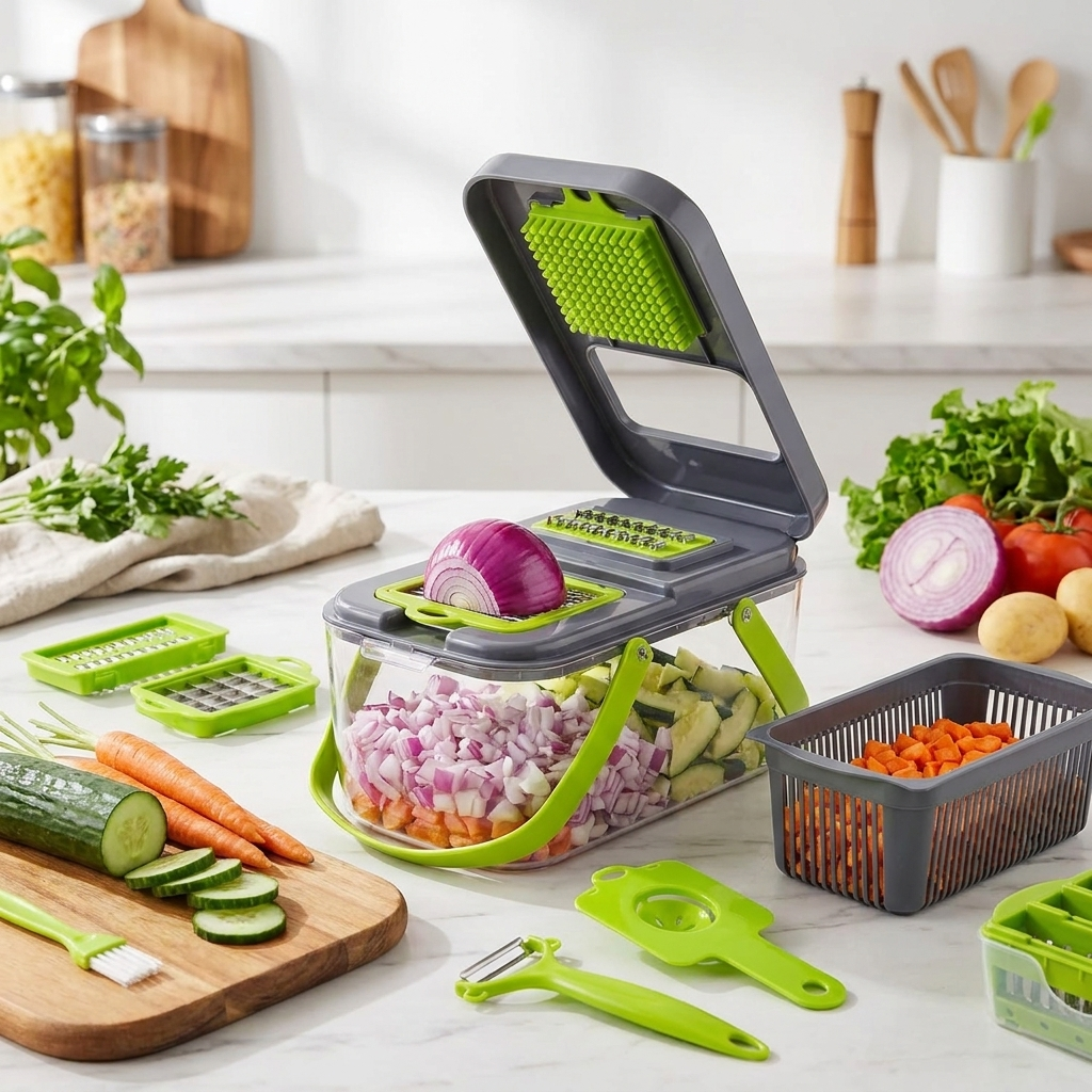 18-in-1 vegetable slicer in use on kitchen counter with fresh vegetables