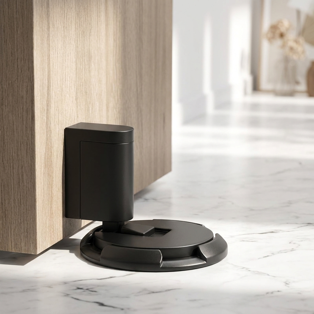 Heavy duty door stopper propping open a wooden door in a hallway