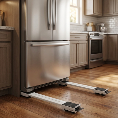 Heavy duty appliance rollers under refrigerator in modern kitchen