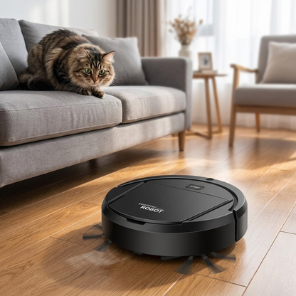 Smart robot vacuum cleaning hardwood floor in modern living room