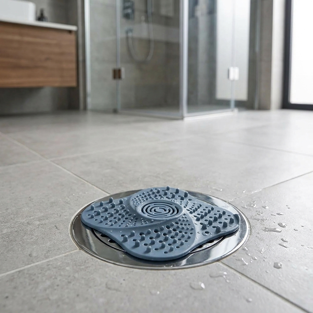 Spiral shower drain hair catcher on chrome drain in modern bathroom