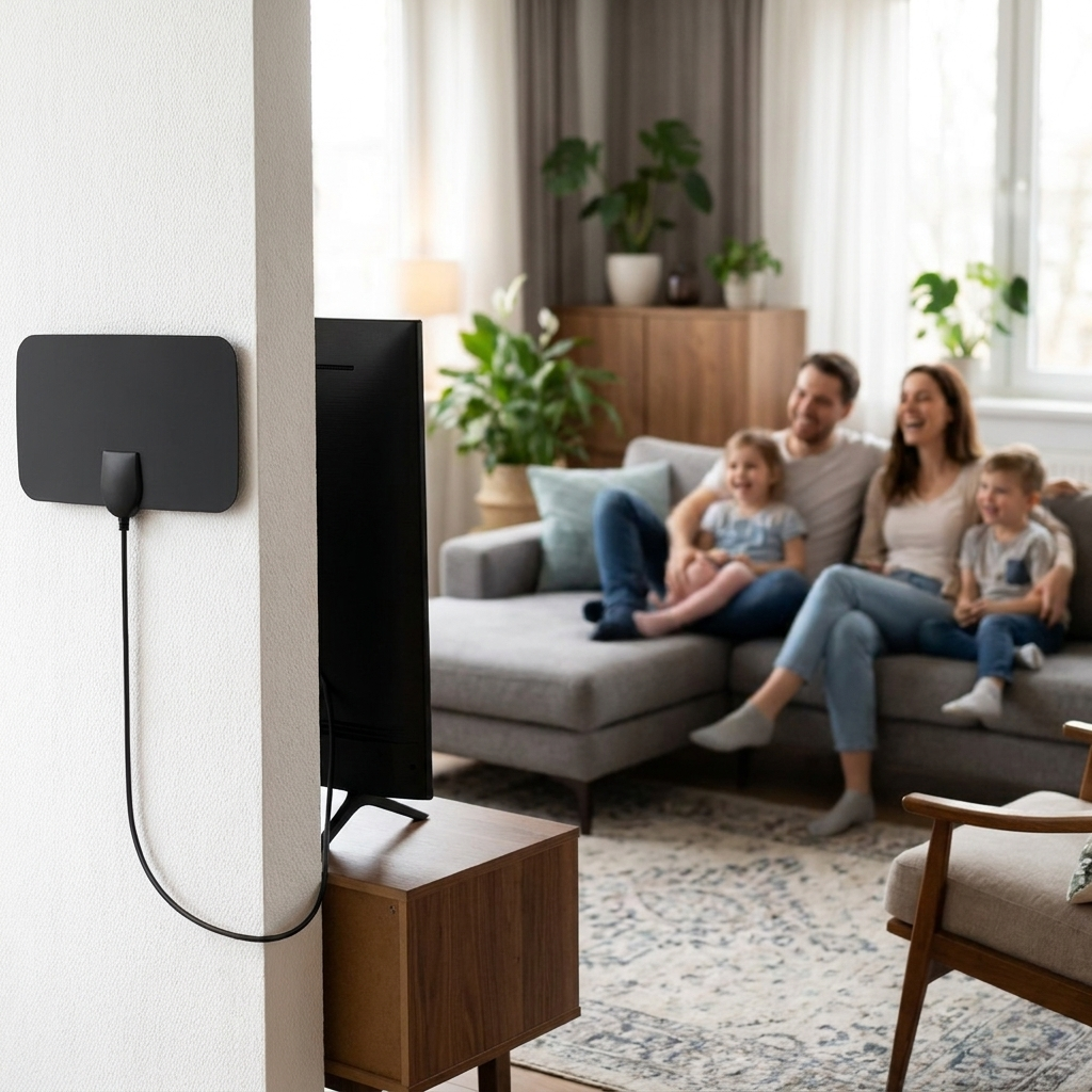 Indoor TV antenna mounted behind flat-screen TV in living room
