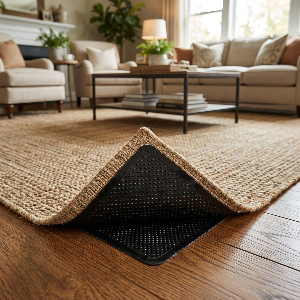 Non-slip rug gripper pads securing area rug on hardwood floor