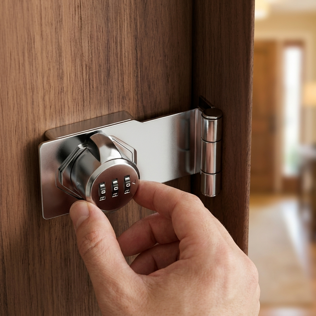 Keyless combination door lock in use on a modern front door
