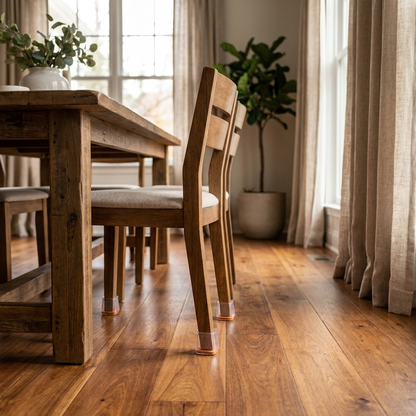 Square chair leg floor protectors on dining chairs over hardwood