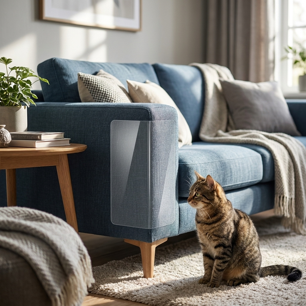 Cat furniture scratch protector on sofa arm with cat nearby