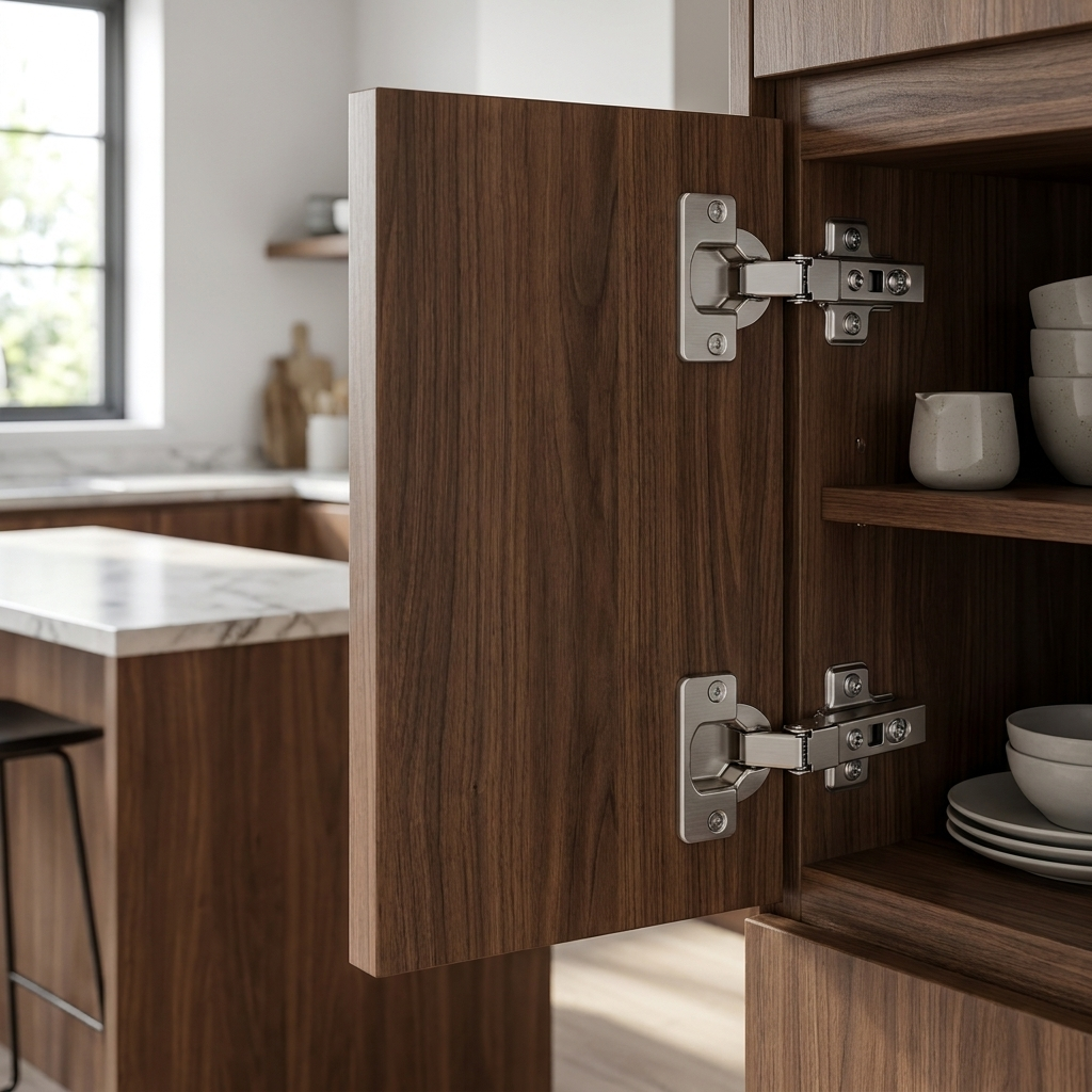 Cabinet hinges installed on modern kitchen cabinet door
