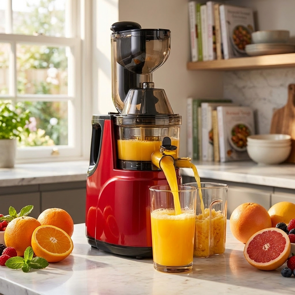 Automatic juicer in use pouring fresh orange juice on kitchen counter