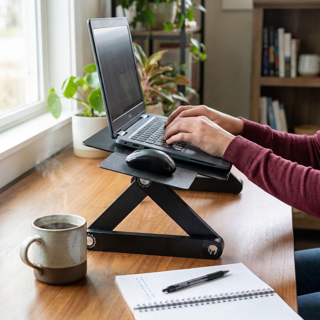 Adjustable laptop stand in use on home office desk
