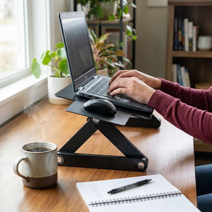 Adjustable laptop stand in use on home office desk