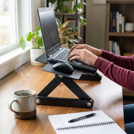 Adjustable laptop stand in use on home office desk