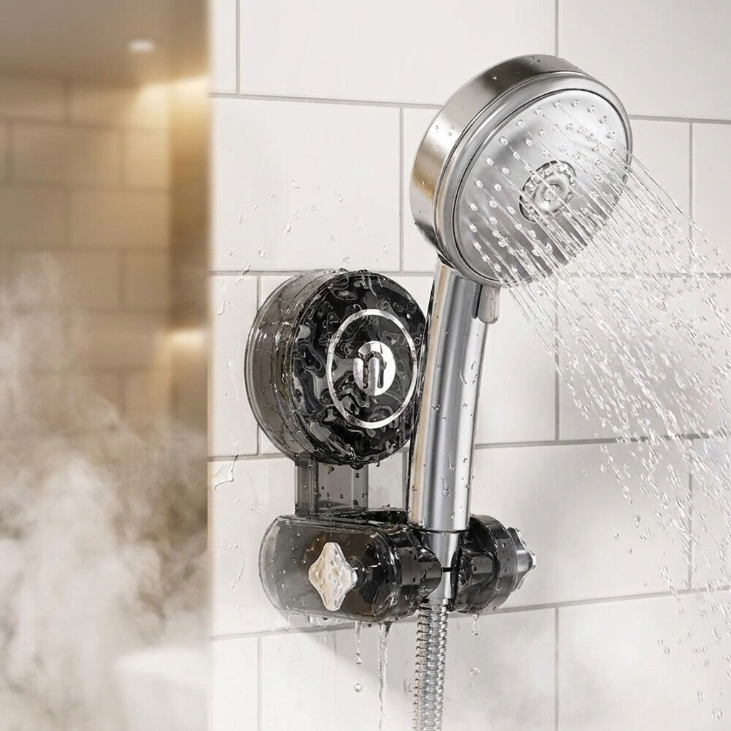 Adjustable shower head holder mounted on bathroom tile wall