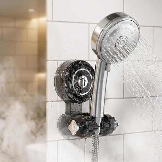 Adjustable shower head holder mounted on bathroom tile wall